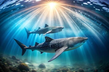 Fototapeta premium Two whale sharks swim in the ocean with sunlight shining through water