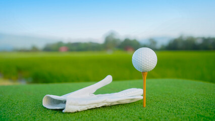  Close-up golf ball on tee with blur green bokeh background.