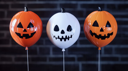 Halloween-themed balloons featuring pumpkin and skull designs with vibrant colors and festive atmosphere