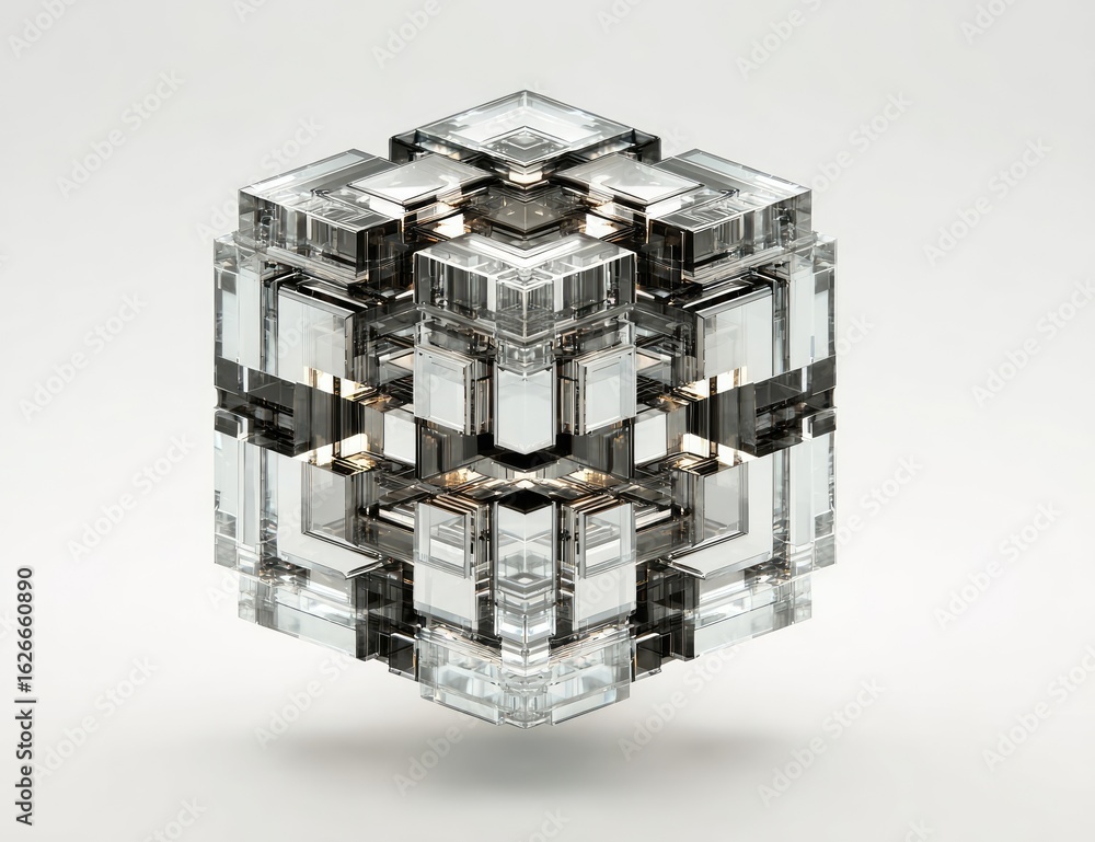 Poster a complex, geometric cube composed of interlocking, translucent and metallic pieces. internal struct