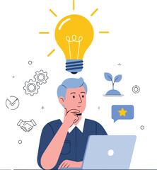 Idea Generation: Man with Laptop and Lightbulb Concept