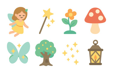 Fototapeta premium Fairy Magic Icons. Flat vector mini-illustrations fairy world in colors children's illustrations: fairy, magic