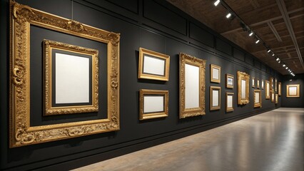 Elegant Gold Ornate Frames on Dark Wall Gallery Interior Mockup