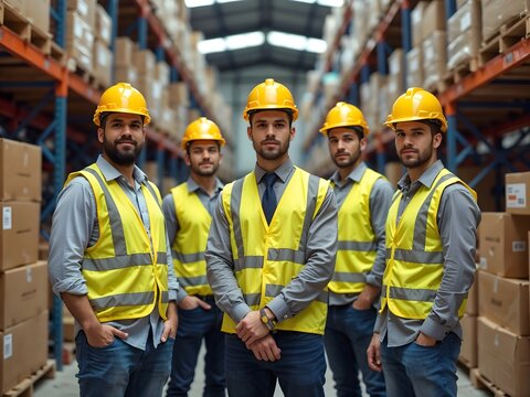 Group of warehouse workers wearing safety gear posing confidently in storage facility with stacked boxes in background - Powered by Adobe