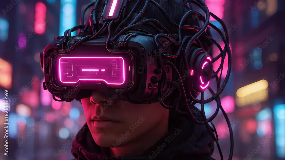 Poster exploring immersive virtual reality technology with an intricate headset in a vibrant neon environme