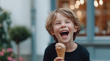 Child eating ice cream outdoors