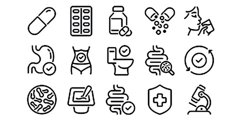 Digestion, intestine, stomach, and probiotics editable stroke outline icons set isolated on transparent background flat vector illustration.