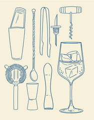 Set of original hand-drawn cocktail illustrations in a minimalist, linear style. Cocktail and alcoholic beverage preparation tools for posters, cards, bartending, bars, cocktails, and graphic design.