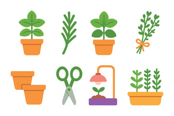Herb Planting Icons. Flat vector mini-illustrations planting herbs at home in colors children's illustrations: