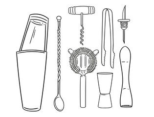 Set of original hand-drawn cocktail illustrations in a minimalist, linear style. Cocktail and alcoholic beverage preparation tools for posters, cards, bartending, bars, cocktails, and graphic design.