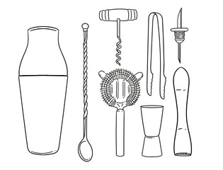 Set of original hand-drawn cocktail illustrations in a minimalist, linear style. Cocktail and alcoholic beverage preparation tools for posters, cards, bartending, bars, cocktails, and graphic design.
