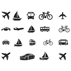 Seamless pattern illustrates various modes of transportation vehicles like bicycle, car, airplane, bus, and sailboat on white