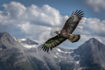 Golden eagle soars gracefully over the majestic mountain range in the sky