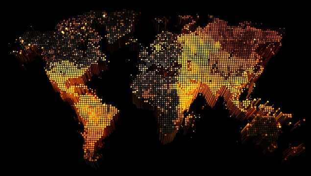Global map, pixelated, glowing, warm tones