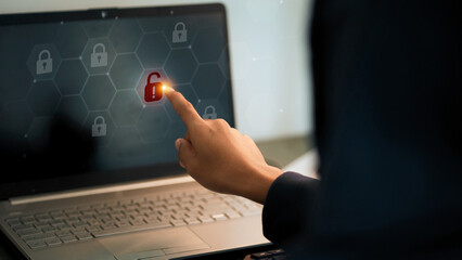 Cybersecurity Concept with Unlock Icon on Laptop Screen