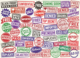 Obraz premium Collection of various grunge style retro stamps. Vintage text rubber stamp set. Denied, fragile, free, top secret, sold out, coming soon, approved. Vector illustration. Isolated on white background.
