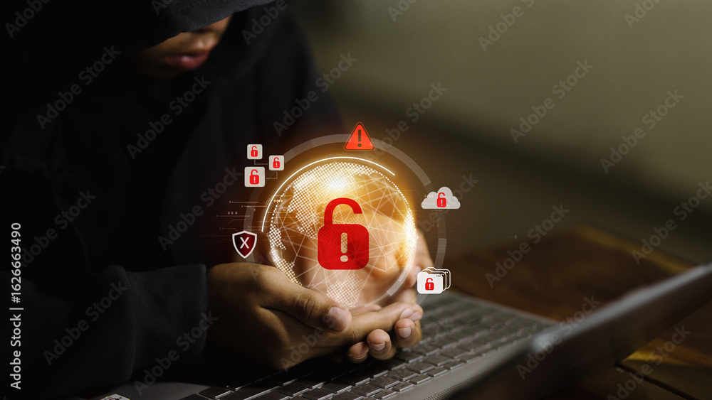 Aufkleber hacker with data breach and cybersecurity threat concept