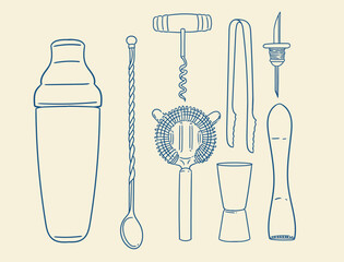 Set of original hand-drawn cocktail illustrations in a minimalist, linear style. Cocktail and alcoholic beverage preparation tools for posters, cards, bartending, bars, cocktails, and graphic design.