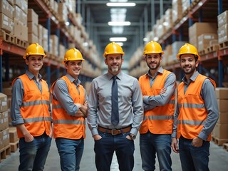 Team of warehouse workers poses for group photo in industrial facility