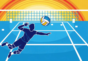 A dynamic illustration depicts a male volleyball player in mid-air, spiking a ball over the net on a bright blue court with a vibrant orange sunset in the background.