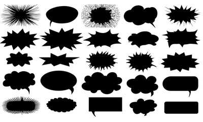 Vector silhouettes of comic bursts, speech bubbles, and text boxes, essential retro pop art elements for comic design, dialog highlights, cartoon outlines, creative storytelling panels, banners