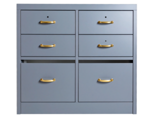  Gray Filing Cabinet with Golden Handles – Front View, Isolated PNG.