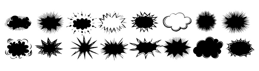 Speech bubble silhouettes and starburst explosion vector shapes in black. Ideal for comic art, pop design, digital illustrations, graphic bursts, sound effect icons, abstract splash ink stickers