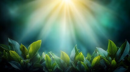 1. Green forest canopy with sunlight rays filtering through leaves, showing dense vibrant green foliage with beams of warm sunlight piercing through and creating dappled light patterns