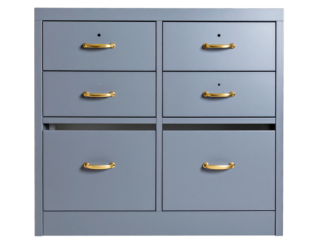  Gray Filing Cabinet with Golden Handles – Front View, Isolated PNG.