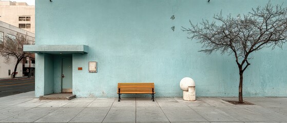 Bright blue wall with benches and a tree in city