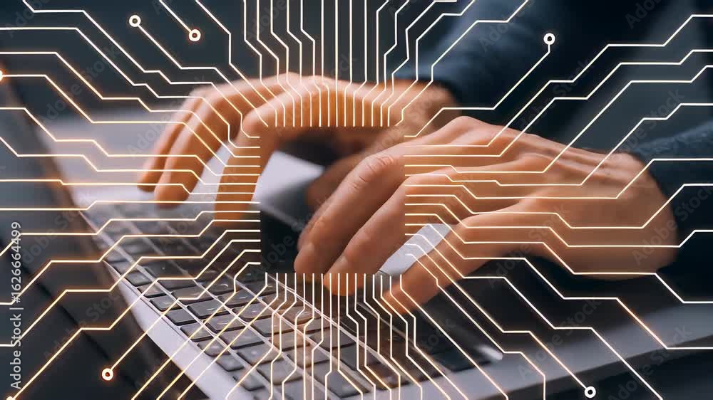 Poster closeup of hands typing on a laptop with a digital circuit overlay showcasing technology integration