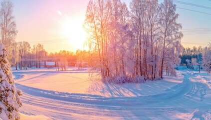 Winter sunrise, snow-covered trees, and a frozen landscape