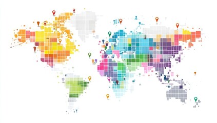 World map with colorful, pixelated regions and scattered markers
