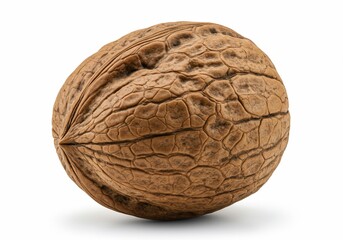 Obraz premium Detailed walnut shell texture on white background, showing intricate patterns and ridges.