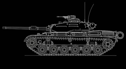 Modern Military Battle Tank Line Art Illustration on Black Background