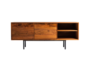 Dark wood sideboard with two doors and open shelf.  Simple, modern design with dark brown tones.  Low profile, rectangular cabinet.  Clean lines and minimalist aesthetic