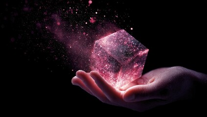 Obraz premium Glowing pink cube held in hand, surrounded by shimmering particles