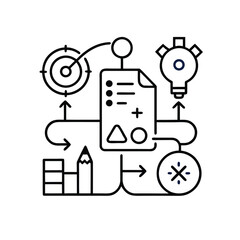 Flat Design Illustration: Strategic Planning Process, Goal Setting, Idea Generation, Data Analysis, and Project Timeline.