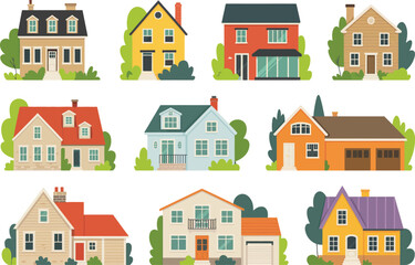 Fototapeta premium House exterior front view residential town building set 