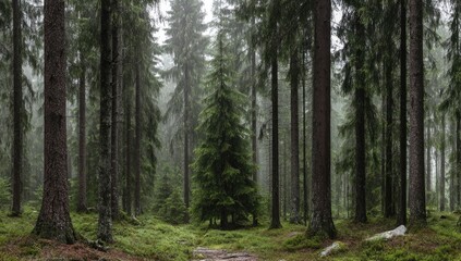 Fototapeta premium Misty forest with towering pines and a central evergreen