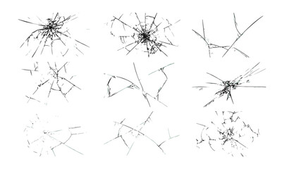 Vector collection of shattered and cracked glass effects featuring jagged broken lines, impact cracks, fissures, and smashed textures. Ideal for graphic design, realistic art, and digital overlays