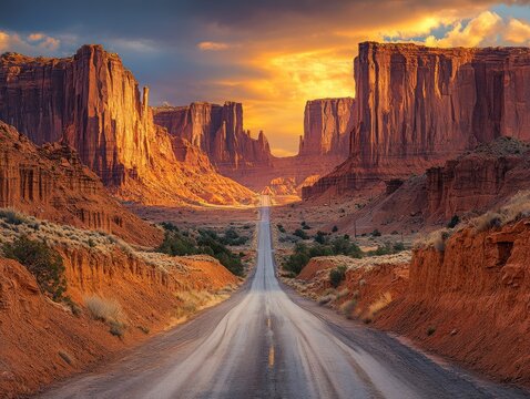 Breathtaking desert landscape with a long, straight road vanishing into the horizon, flanked by towering red rock formations under a dramatic golden hour sunset sky. - Powered by Adobe