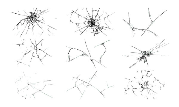 Vector collection of shattered and cracked glass effects featuring jagged broken lines, impact cracks, fissures, and smashed textures. Ideal for graphic design, realistic art, and digital overlays