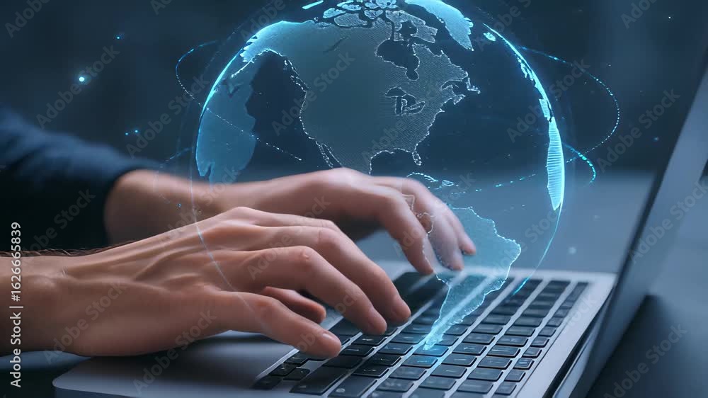 Poster hands engaged in typing on a laptop showcasing technology and global connectivity in a closeup setti