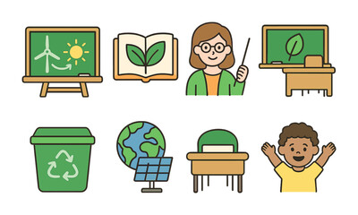 Eco Classroom Icons. Flat vector mini-illustrations Renewable energy education in colors children's