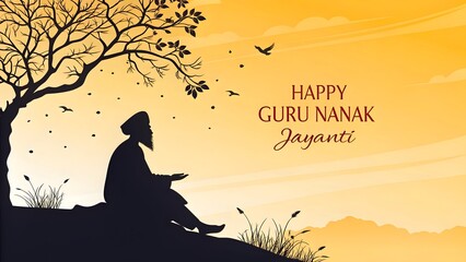 Silhouette of guru nanak dev ji under a tree on guru nanak jayanti