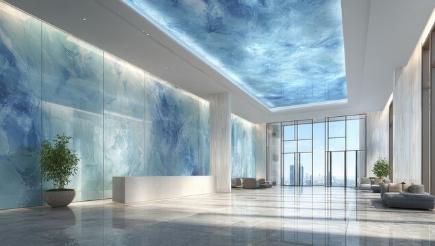 Modern, light-filled lobby with light blue marble-effect walls and a high ceiling