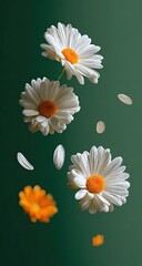 Floating white daisies with orange centers against a dark green backdrop.  Petals are scattered