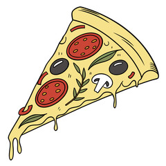 Vector Flat Color, Pizza Slice, Isolated on White Background