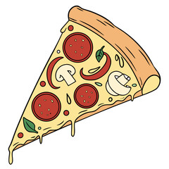 Vector Flat Color, Pizza Slice, Isolated on White Background